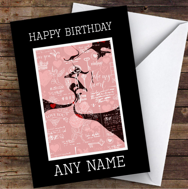 Vintage Abstract Kissing Couple Romantic Personalised Birthday Card