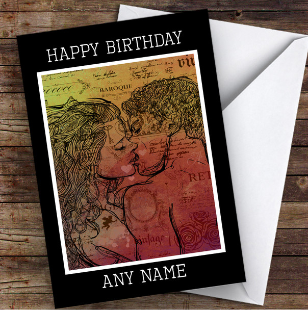 Kissing Young Couple Vintage Romantic Personalised Birthday Card