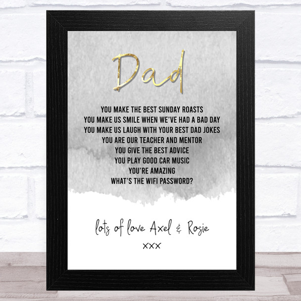 Grey & Gold Dad Personalised Dad Father's Day Gift Wall Art Print