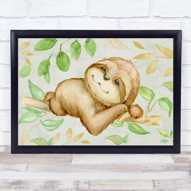 Sleepy Cute Watercolour Sloth Jungle Leaves Wall Art Print