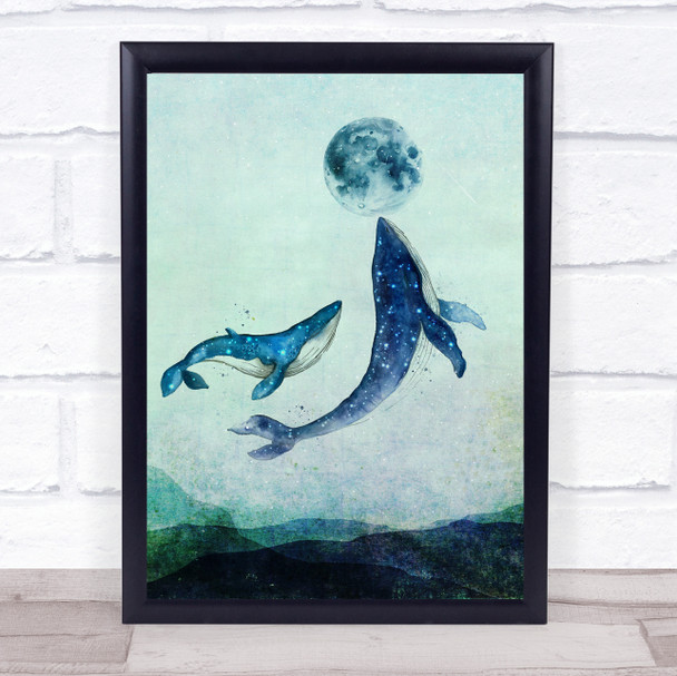 Whales And Moon Watercolour Rustic Wall Art Print
