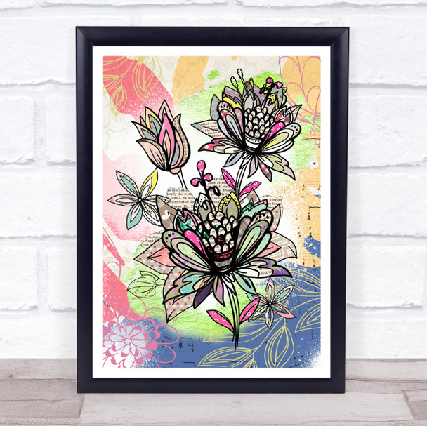 Abstract Vintage Flowers Bright Music Leaves Wall Art Print