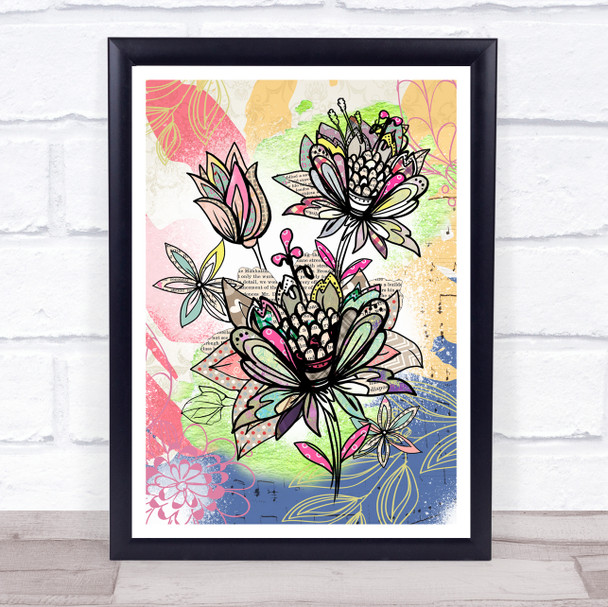 Abstract Vintage Flowers Bright Music Leaves Wall Art Print