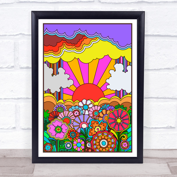 Psychedelic Hippie Colourful Sun Flowers Clouds Wall Art Print