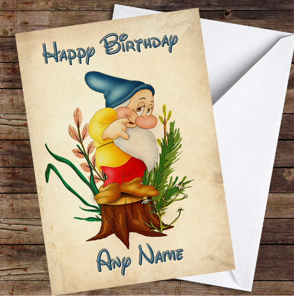 Bashful Dwarf Snow White Tree Log Stump Vintage Personalised Birthday Card