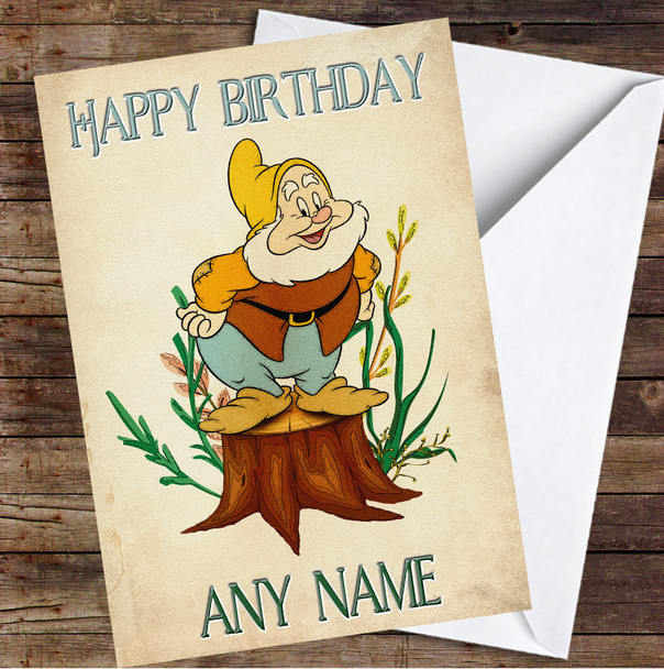 Happy Dwarf Snow White Tree Stump Vintage Personalised Birthday Card