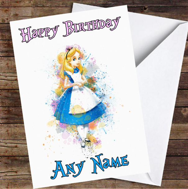 Alice In Wonderland Watercolour Splatter Personalised Birthday Card