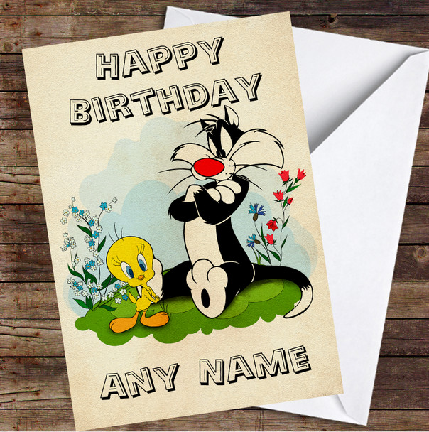 Tweety Pie And Sylvester Vintage Flowers Personalised Birthday Card