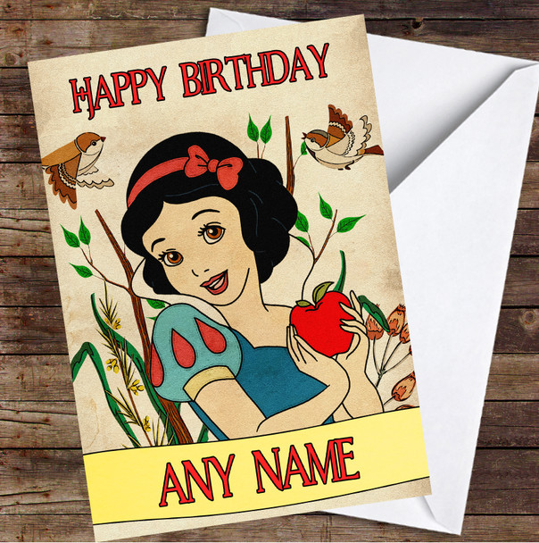 Snow White Retro Birds And Apple Personalised Birthday Card