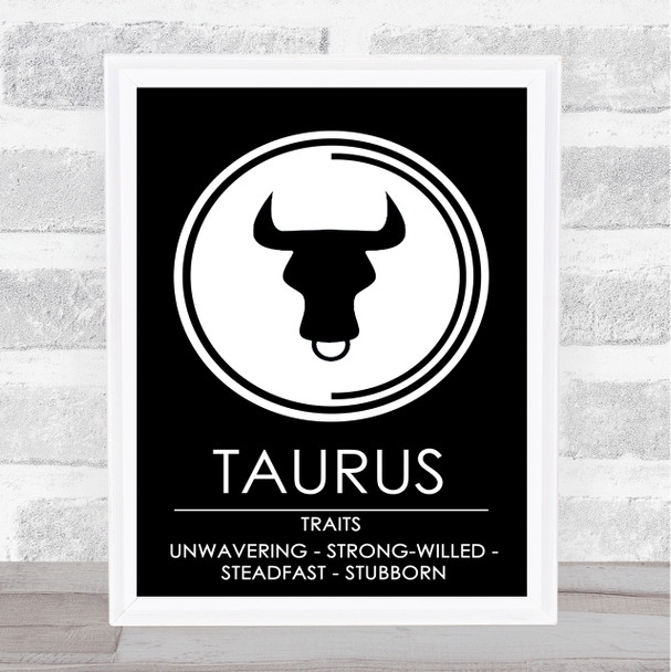 Zodiac Star Sign Black & White Traits Taurus Wall Art Print