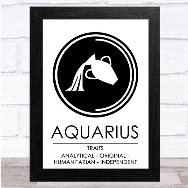 Zodiac Star Sign White & Black Traits Aquarius Wall Art Print