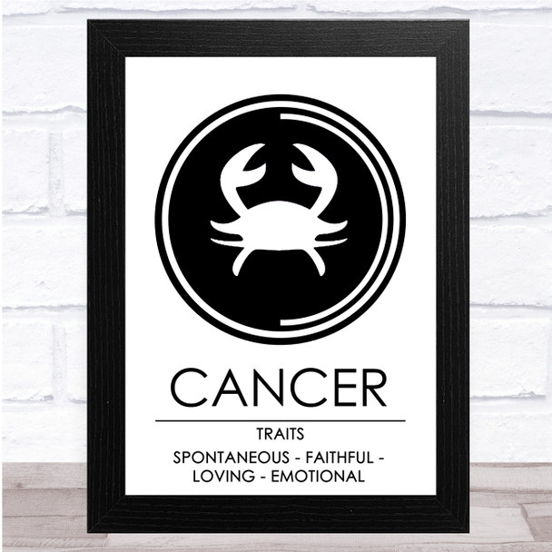 Zodiac Star Sign White & Black Traits Cancer Wall Art Print