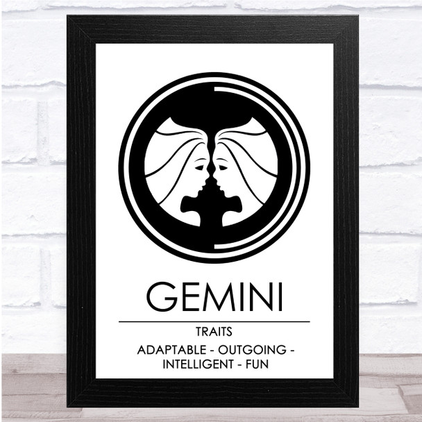 Zodiac Star Sign White & Black Traits Gemini Wall Art Print