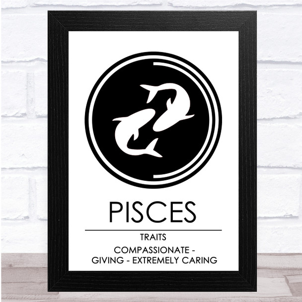 Zodiac Star Sign White and Black Traits Pisces Wall Art Print