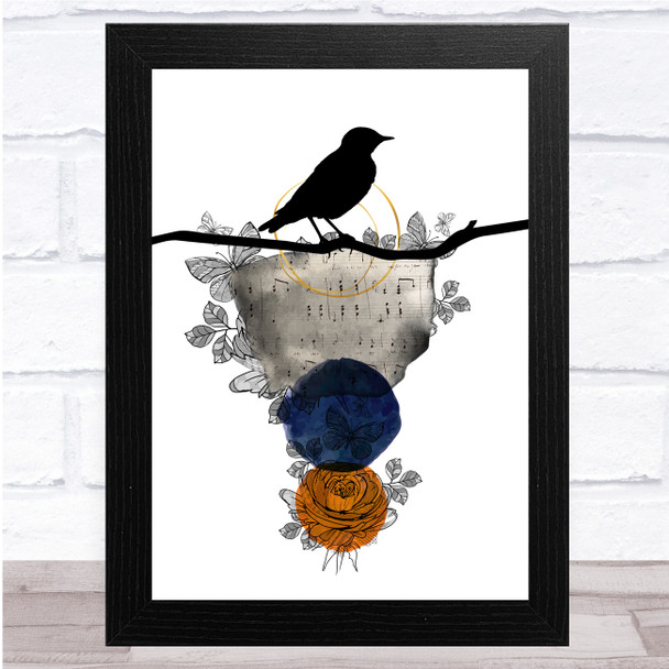 Bird Watercolour Navy Orange Music Script Wall Art Print