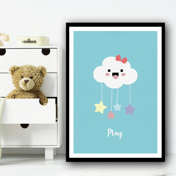 Cute Cloud Red Bow Colourful Stars Wall Art Print