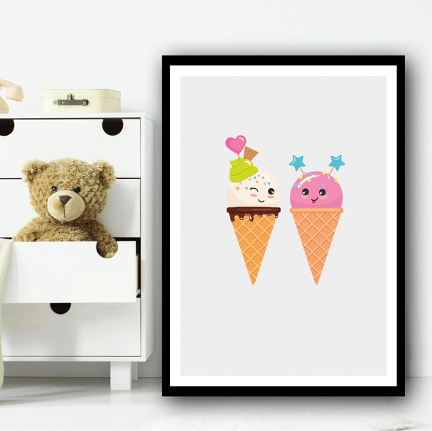 Cute Ice-cream Friend Cartoon Pink Wall Art Print