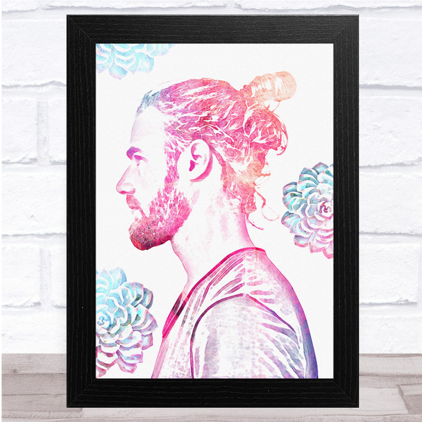 Floral Man Bun Watercolour Pink Wall Art Print