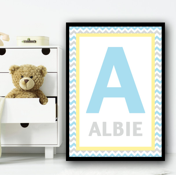 Any Initial and Blue Grey Zigzag Yellow Border Personalised Wall Art Print Any Initial and Blue Grey Zigzag Yellow Border Personalised Wall Art Print