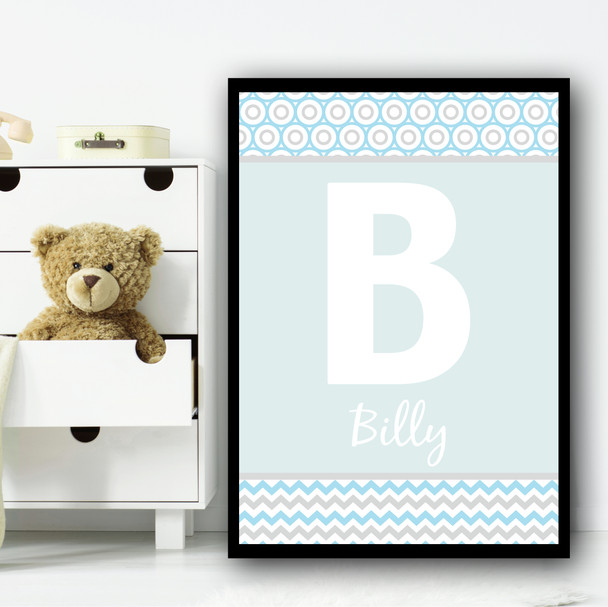 Baby Blue Zig Zag And Circles Any Initial Any Name Personalised Wall Art Print