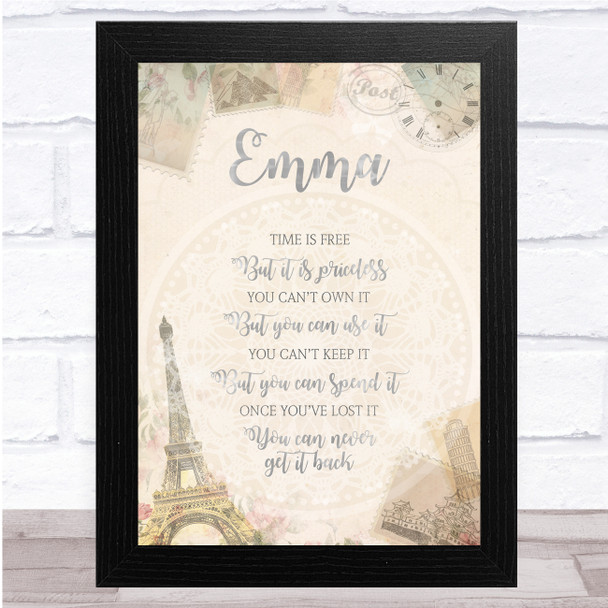 Shabby Chic Parisian Message Time Travels Any Name Personalised Wall Art Print