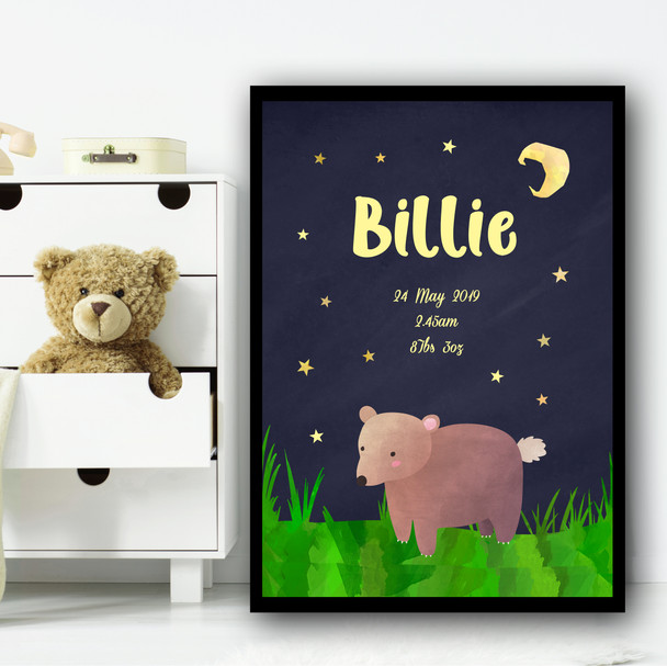 Bear At Night Birth Date Yellow Personalised Wall Art Print