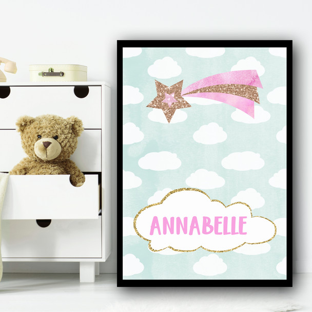 Clouds Glitter Shooting Star Any Name Personalised Wall Art Print