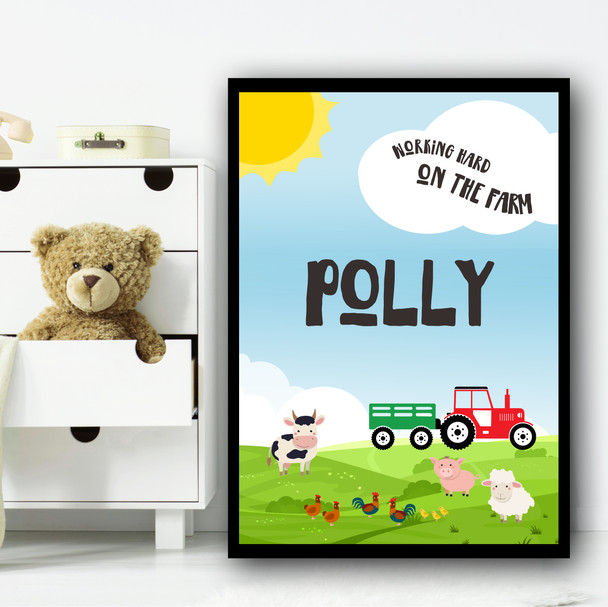 Farm Animals Tractor Working Hard Any Name Personalised Wall Art Print