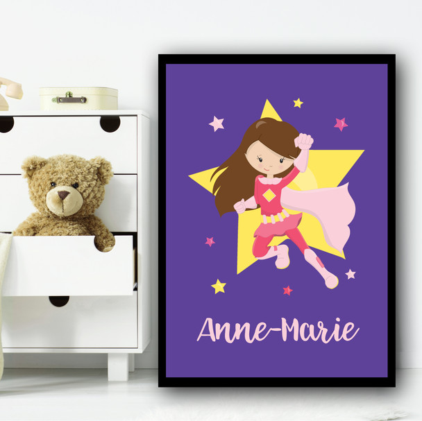 Girl Hero Brown Hair Purple Any Name Personalised Wall Art Print
