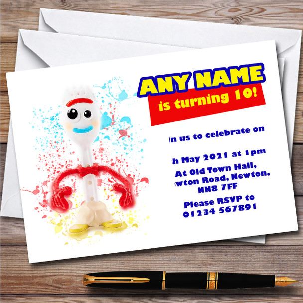 Forky Toy Story Splatter Art Children's Personalised Birthday Party Invitations