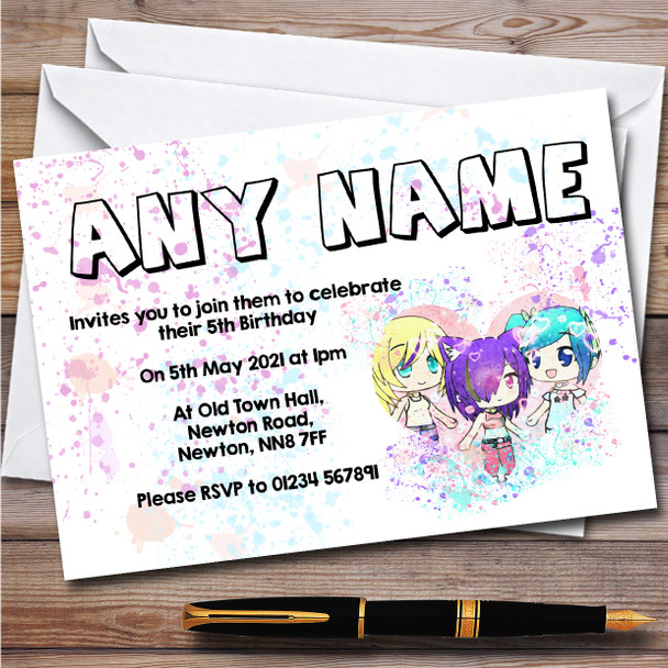 Gatcha Life Three Besties Splatter Heart Children's Birthday Party Invitations