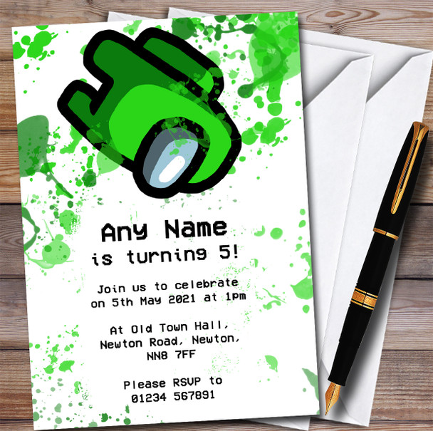 Among Us Green Splatter Art Children's Personalised Birthday Party Invitations