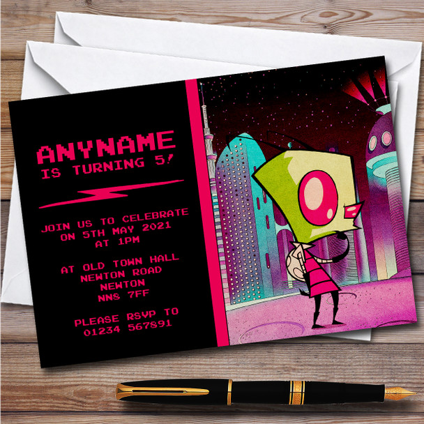 Invader Zim Pink Children's Kids Personalised Birthday Party Invitations