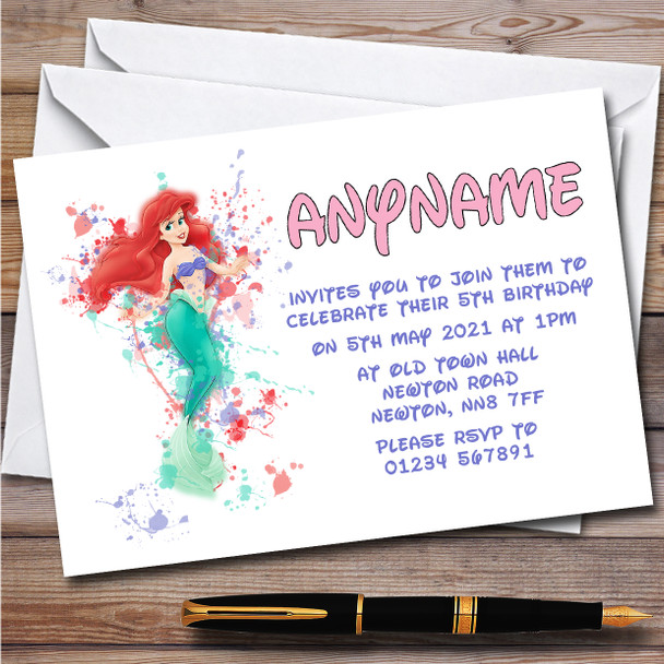 Mermaid Ariel Disney Splatter Art Children's Birthday Party Invitations