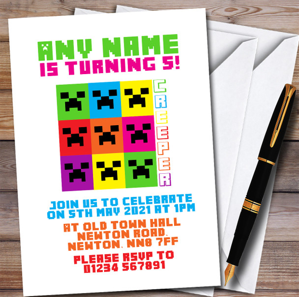 Minecraft Colour Creepers Children's Personalised Birthday Party Invitations