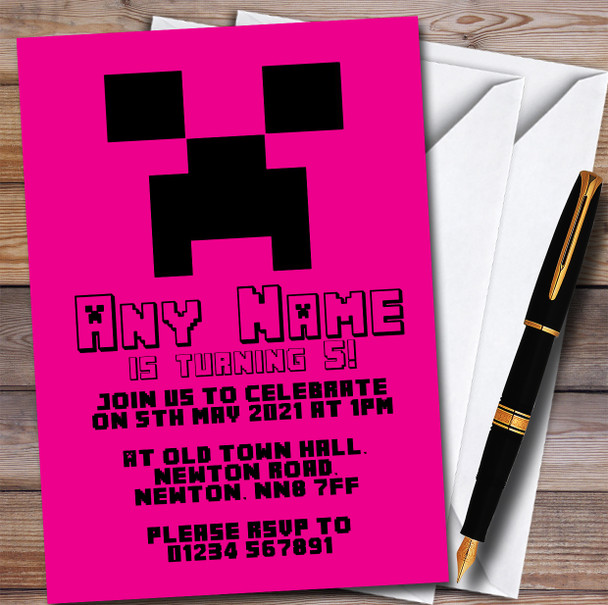 Minecraft Creeper Hot Pink Children's Personalised Birthday Party Invitations