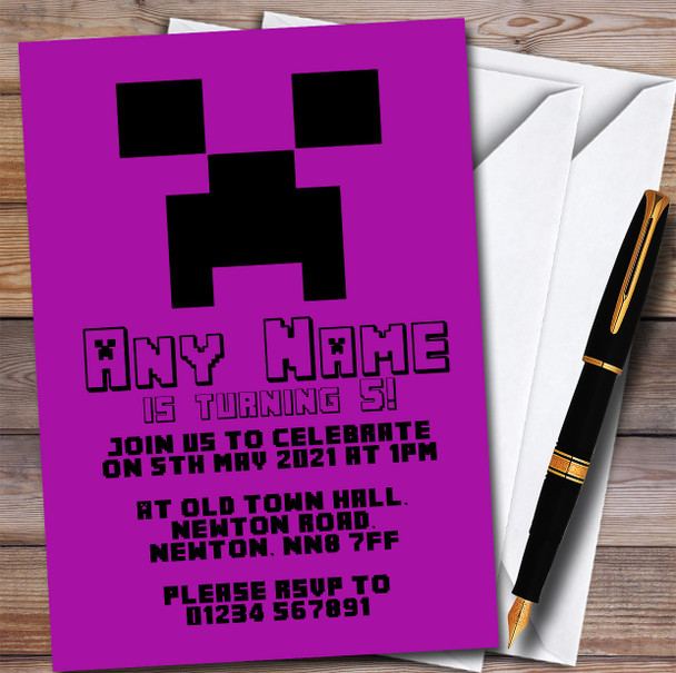 Minecraft Creeper Purple Children's Kids Personalised Birthday Party Invitations