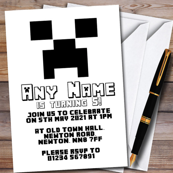 Minecraft Creeper White Children's Kids Personalised Birthday Party Invitations