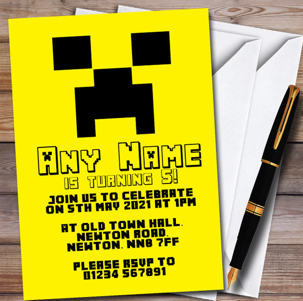 Minecraft Creeper Yellow Children's Kids Personalised Birthday Party Invitations