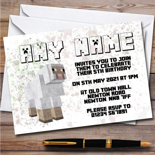 Minecraft Sheep Splatter Art Children's Personalised Birthday Party Invitations