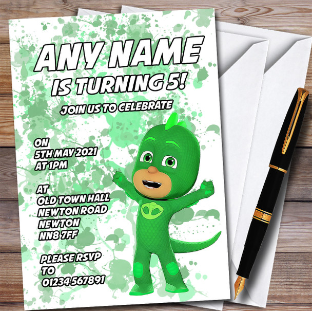 Pj Masks Gekko Splatter Art Children's Personalised Birthday Party Invitations