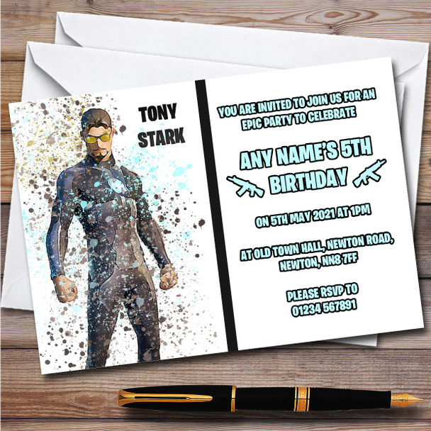 Splatter Art Gaming Fortnite Tony Stark Children's Birthday Party Invitations