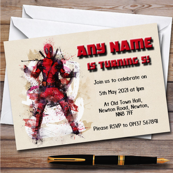 Deadpool Abstract Smudge Children's Kids Personalised Birthday Party Invitations