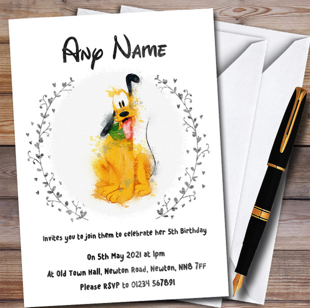 Disney Pluto Watercolour Splatter Style Children's Birthday Party Invitations