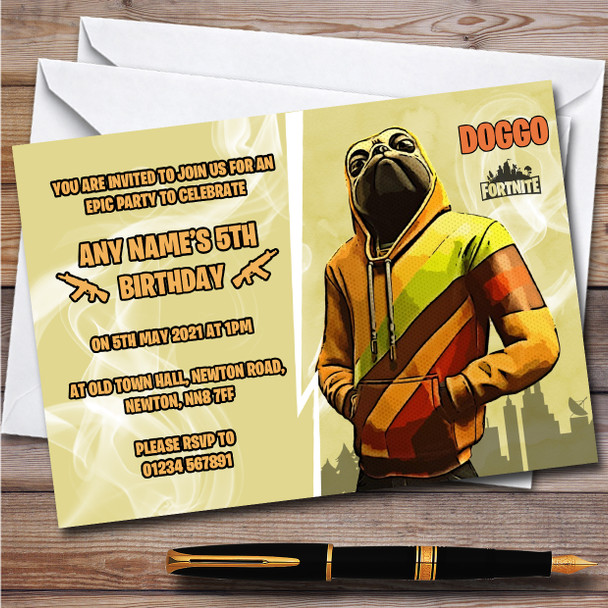 Doggo Gaming Comic Style Fortnite Skin Children's Birthday Party Invitations