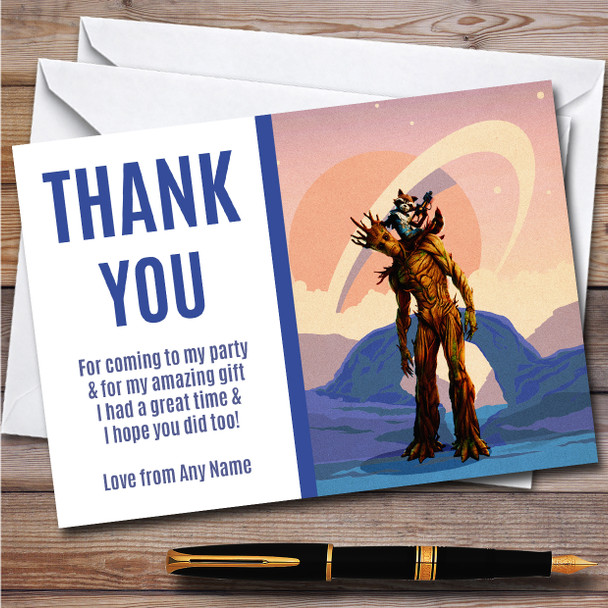 Groot Rocket Raccoon Blue Children's Personalised Birthday Party Thank You Cards