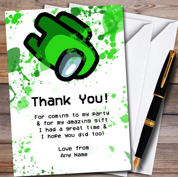 Among Us Green Splatter Art Children's Birthday Party Thank You Cards