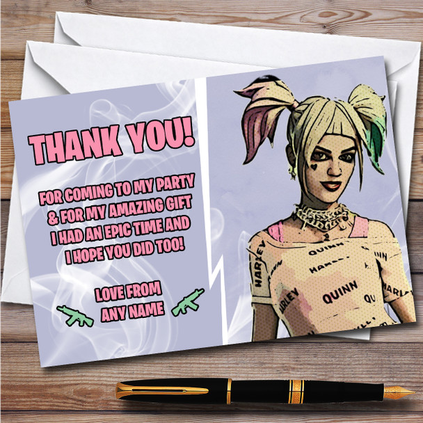 Harley Quinn Gaming Comic Style Fortnite Skin Birthday Party Thank You Cards