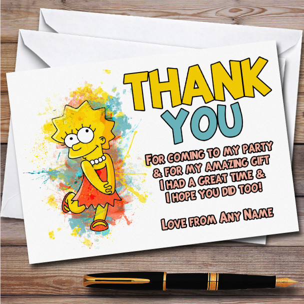 Lisa Simpson Watercolour Splatter The Simpsons Birthday Party Thank You Cards