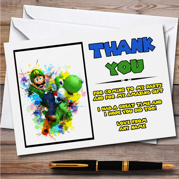 Luigi Watercolour Splatter Mario Children's Birthday Party Thank You Cards